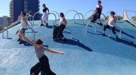 Dancers perform Liv Isaacs-Nollet's "Blue Stillness," one of the six pieces of Trolley Dances 2015, Sept. 26, 2015. 
