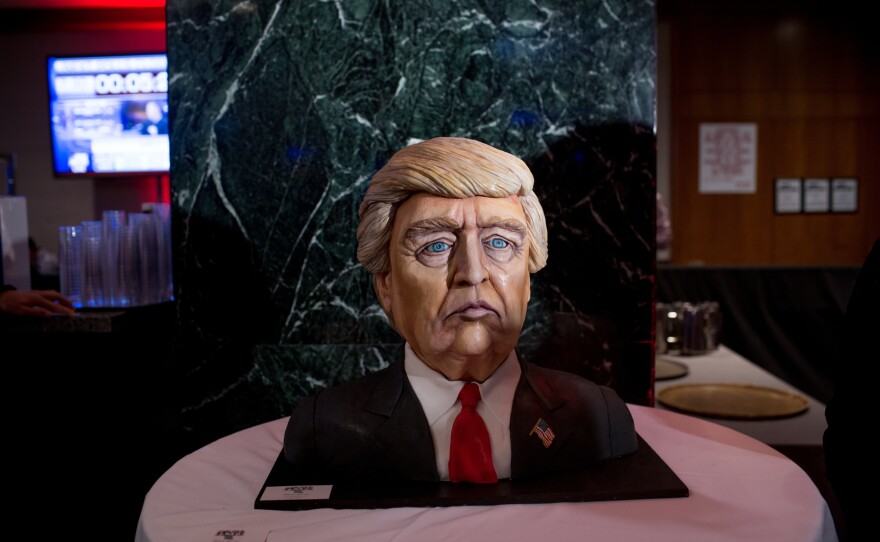 A bust of Donald Trump in cake form on display ahead of Trump's election night event at the New York Hilton Midtown.
