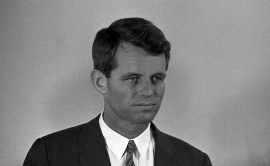 Robert Kennedy in a news conference at the Bourget airport, Paris, in February 1962.