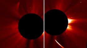 A view from NASA shows the Comet ISON streaming toward the sun (right) then emerging from the other side, dimmed.
