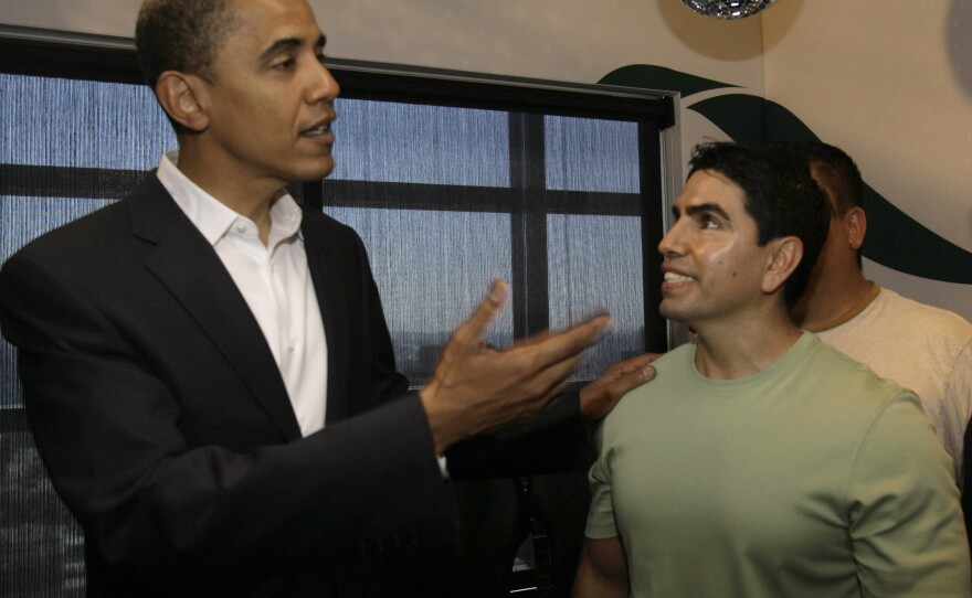 Sotelo chats with then-Senator Barack Obama in 2007 after an interview on his radio show