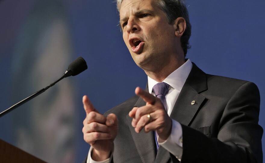 State Sen. Mark Obenshain speaks at the Virginia Republican convention in Richmond on May 18. He currently holds a 17-vote lead over Democratic state Sen. Mark Herring in the state's attorney general election.