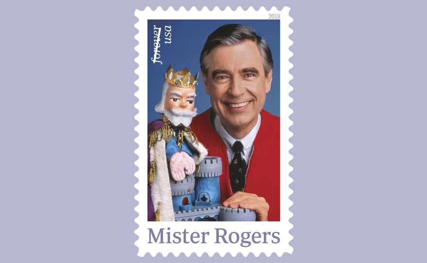 The U.S. Postal Service plans a March release of this postage stamp featuring Fred Rogers and his King Friday XIII puppet from the PBS children's television series Mister Rogers' Neighborhood.