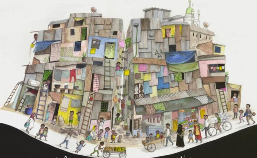 Sophie Blackall illustrates communities around the world where children often miss vaccines, such as a dense, city slum in India.