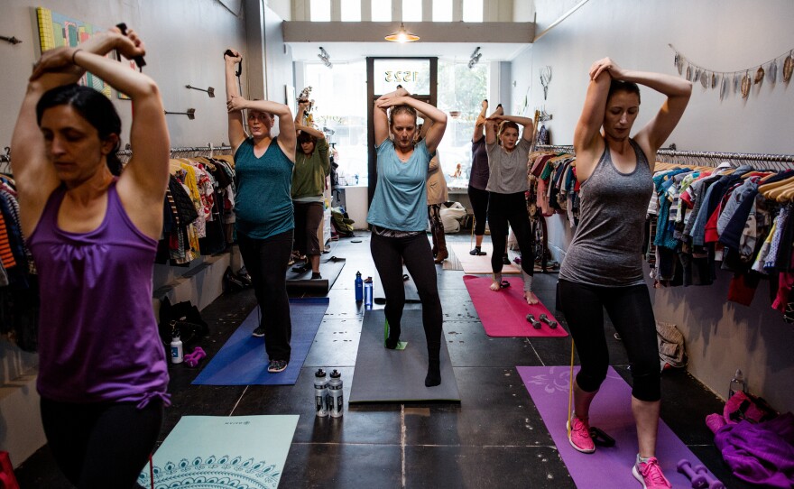 Students are taught a number of exercises in Leah Keller's class aimed at new moms in San Francisco.