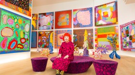 Yayoi Kusama with recent works in Tokyo in 2016. In 1968, Kusama wrote, "Our Earth is only one polka dot among a million stars in the cosmos. Polka dots are a way to infinity."
