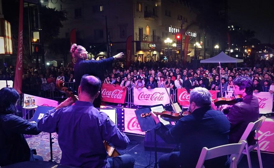 Magos Herrera and the Hausmann String Quartet are seen in Avenida Revolucion, Tijuana, in this undated photo.