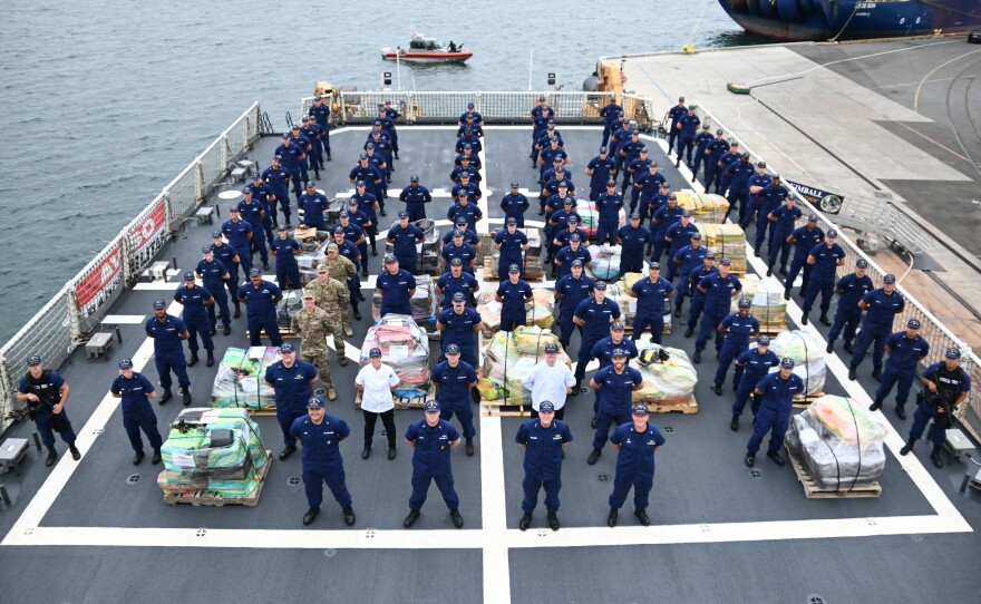 The Coast Guard Cutter Kimball (WMSL-756) crew offloads about 11,300 pounds of cocaine and roughly 4,000 pounds of marijuana worth more than $223 million on March 31, 2022, in San Diego, Calif.