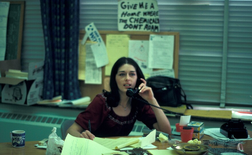 Lois Gibbs on the phone at the first Love Canal Homeowners Association office located in the 99th Street Elementary School. October 1978.