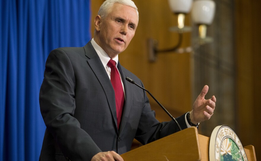 Then-Indiana Gov. Mike Pence speaks during a press conference on March 31, 2015. Pence was speaking about the state's controversial religius freedom law, which sparked some corporate opposition.