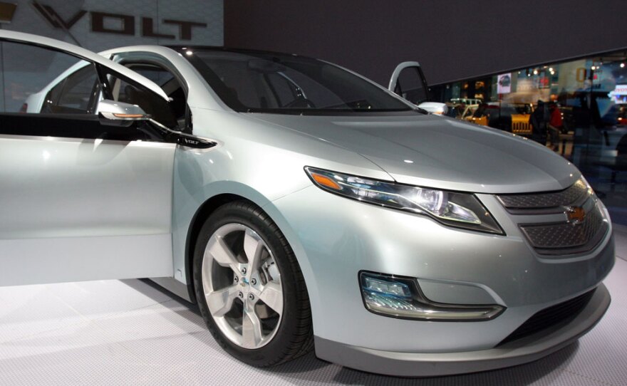 General Motors' Chevy Volt on display during opening day of the North American International Auto Show earlier this year in Detroit. The Volt uses a lithium ion battery with a gasoline-powered, range-extending engine.