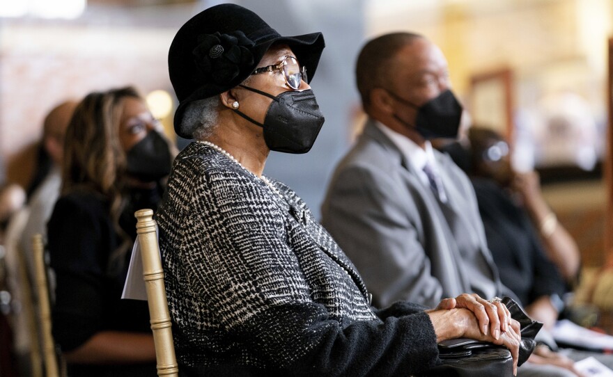 Billye Aaron listens during "A Celebration of Henry Louis Aaron," a memorial service celebrating the life and enduring legacy of the late Hall of Famer and American icon at Truist Park in Atlanta.