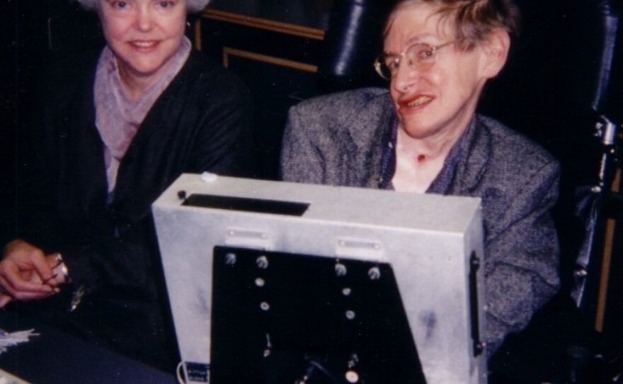 Science writer Kitty Ferguson sits next to Stephen Hawking in this undated photograph. Ferguson is the author of several books about physics, including <em>Stephen Hawking: Quest for a Theory of Everything </em>and <em>Black Holes in Spacetime.</em>