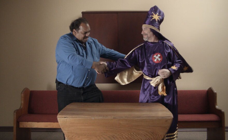 Daryl Davis shakes hands with Frank Ancona, imperial wizard of the Traditionalist American Knights of the Ku Klux Klan. Both men consider each other friends.