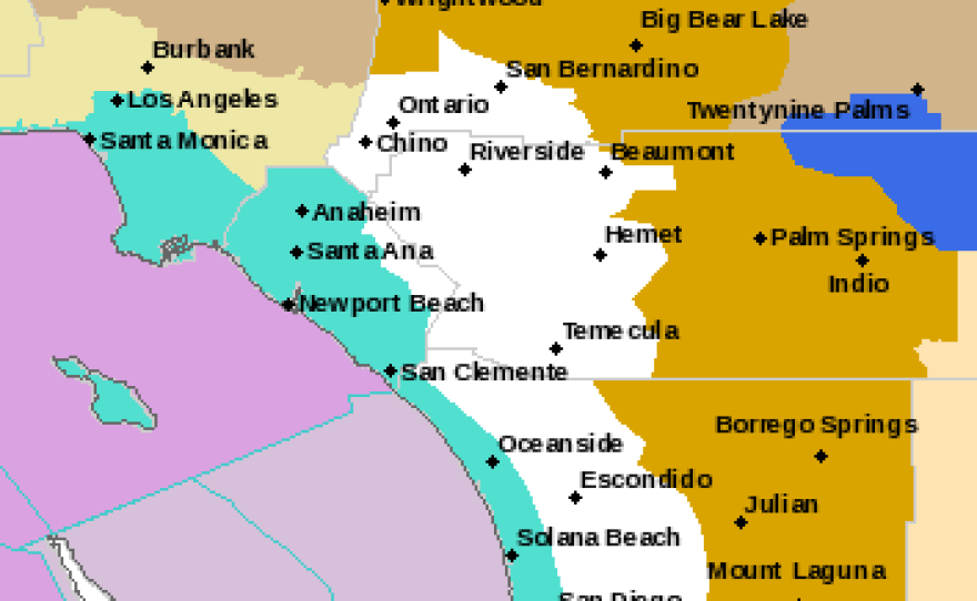In this National Weather Service map dated Dec. 3, 2013, the area shaded in turquoise indicates where the beach hazards statement applies, and the area shaded in orange-brown indicates where a high wind warning is in effect.