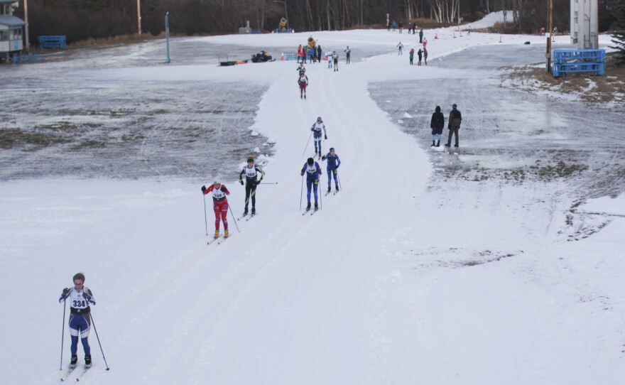 High school skiers compete in the annual Lynx Loppet race at Kincaid Park in Anchorage. The park has 30 miles of trails, but competitors were limited to a mile-long loop of man-made snow.