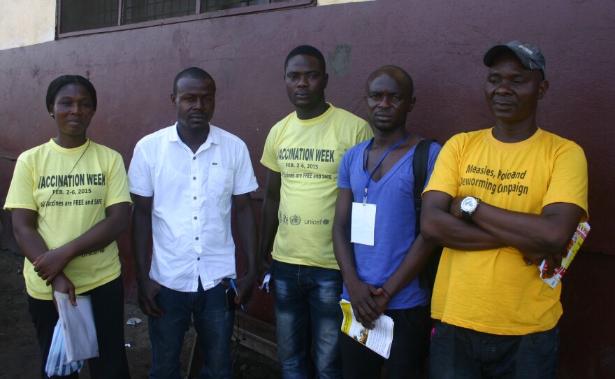 A group of community health volunteers in the West Point township of Monrovia. Jescina Washington is at the far left and Hassan Newland is second from the left.