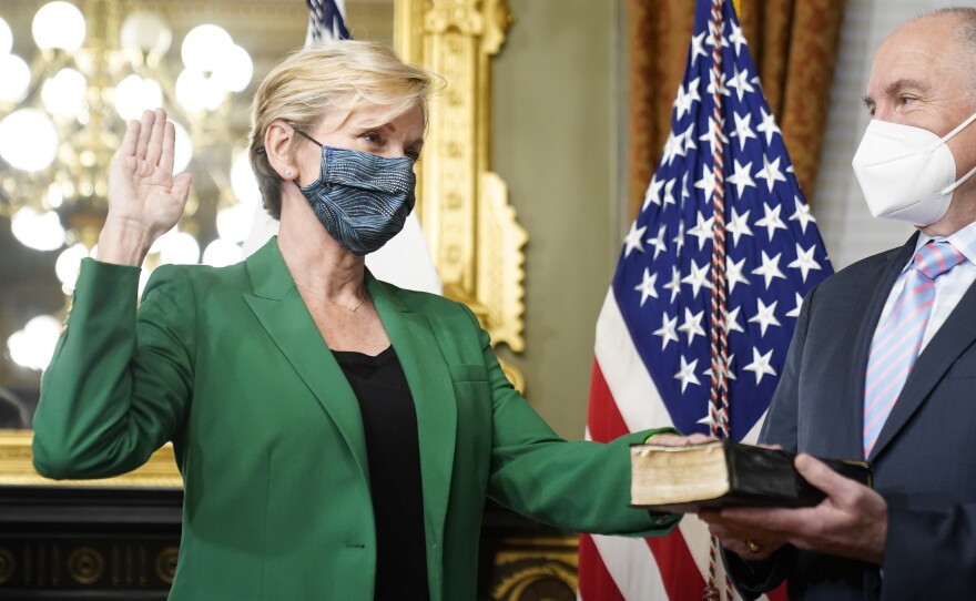 Jennifer Granholm is sworn in as energy secretary Thursday. Granholm told NPR that pivoting to a clean energy economy could ensure a dependable grid and help create jobs.