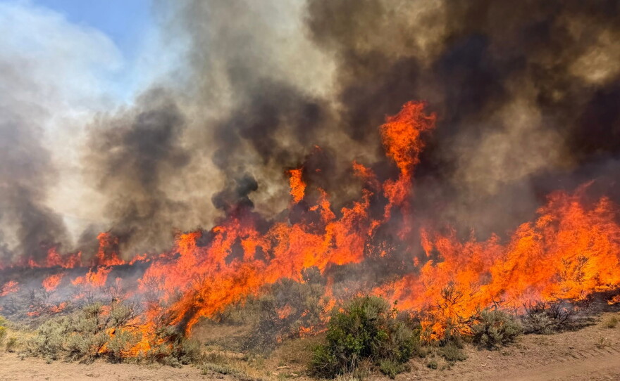 This undated photo provided by the U.S. Forest Service on Friday, Aug. 7, 2026, shows the Widemouth 2 wildfire burning near Richfield, Utah.
