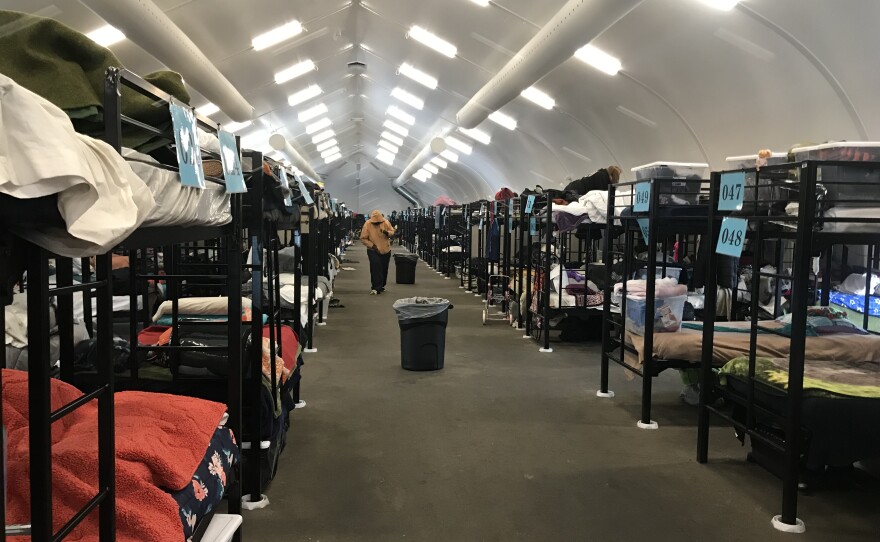 Bunk beds line a "Bridge Shelter" near downtown San Diego, which is providing a home for 324 people, Feb. 23, 2018.