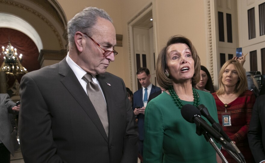 House Speaker-designate Nancy Pelosi, D-Calif., and Senate Minority Leader Chuck Schumer, D-N.Y., address reporters about the fight over funding a border wall before the partial government shutdown. Pelosi will lead House Democrats in voting on a bill to reopen the government when they take power in the House on Thursday.