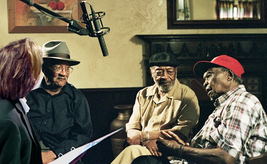 Director Bernard MacMahon interviewing Homesick James, Robert Lockwood Jr. and Honeyboy Edwards Appearing in “American Epic: Blood and Soil.”