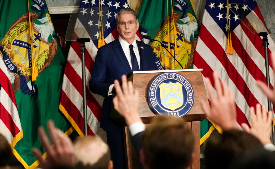 Treasury Secretary Scott Bessent speaks at a news conference Monday at the Treasury Department in Washington.