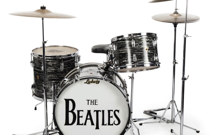 This undated photo provided by Julien's Auctions shows Beatle Ringo Starr's first 1963 Ludwig Oyster Black Pearl three-piece drum kit — one of the items up for bid.