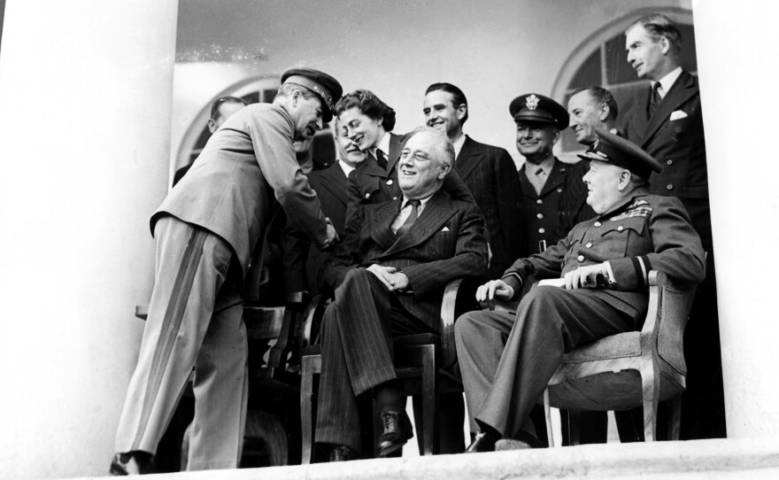 Disabled by polio, Franklin Delano Roosevelt, the 32nd president, controlled his public image to deflect attention from his paraplegia. Roosevelt is seen with British Prime Minister Winston Churchill and Soviet leader Joseph Stalin at the Teheran Conference on Dec. 7, 1943.