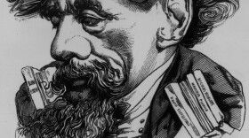 An Andre Gill caricature of the novelist with his own books under his arm.