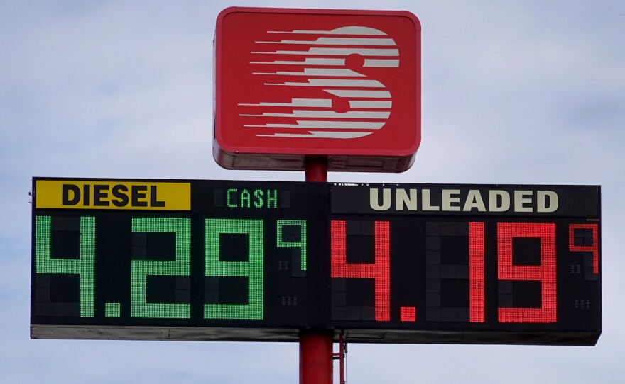 Gas prices are displayed on a sign at a gas station on March 3, 2022 in Hampshire, Il.