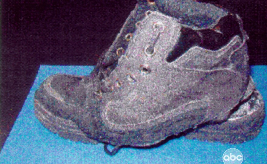 This still frame from television footage obtained by ABC News and released Feb. 7, 2002, shows a shoe worn by shoe bomber Richard Reid.
