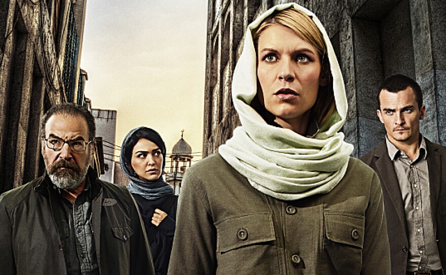 Claire Danes, front, with, from left, Mandy Patinkin, Nazanin Boniadi and Rupert Friend on Showtime's Homeland.