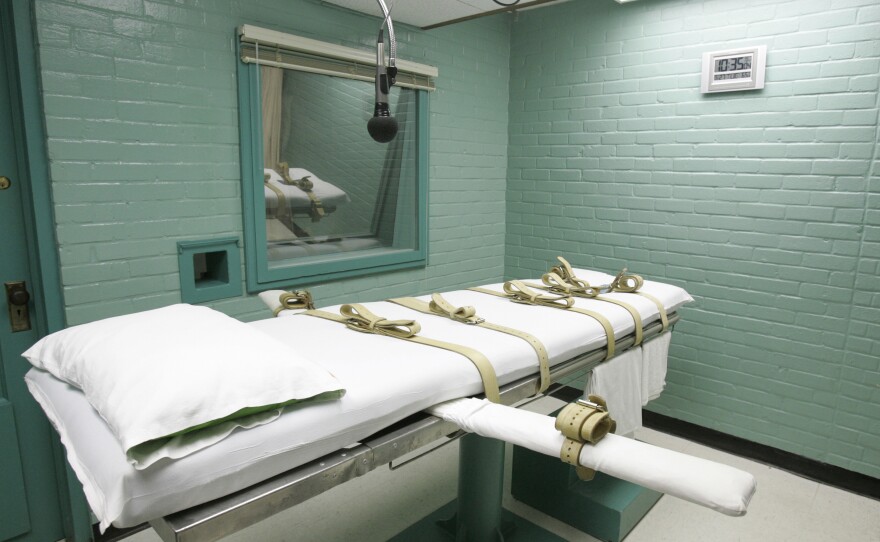 A file photo from 2008 shows a gurney in Huntsville, Texas, where inmates received lethal injections of drugs. Eight people were executed in Texas in 2023. The state policies mention a "drug team," who are not employees of the Texas Department of Criminal Justice.