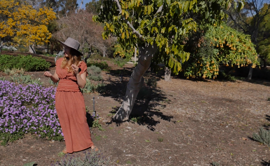 Hidden San Diego's Jessica Johnson stands in front of an Ylang Ylang tree in Balboa Park.
