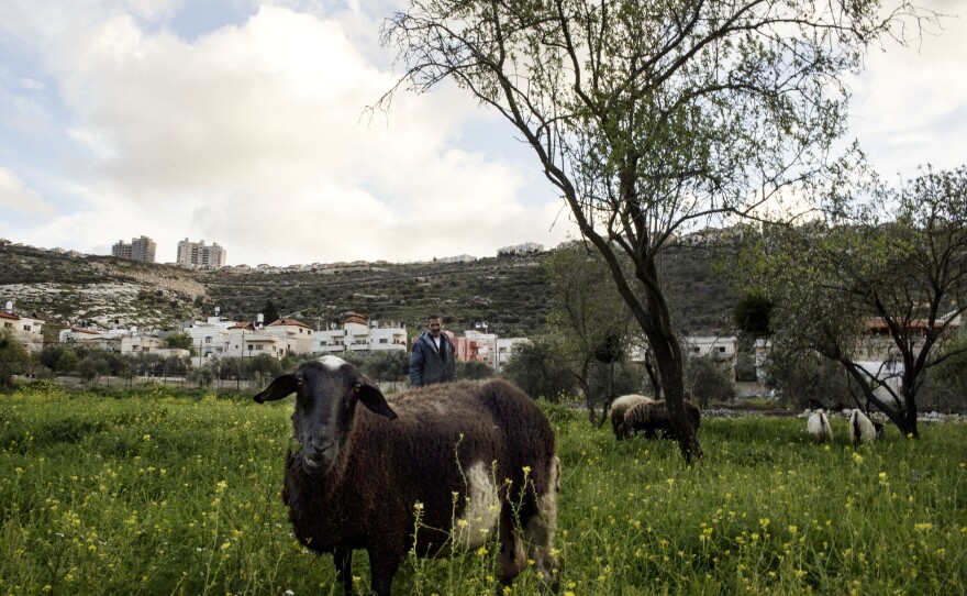 The Palestinian village of Marda in the West Bank mostly is made up of old stone houses. The Israeli settlement of Ariel is on the ridge line in the background.