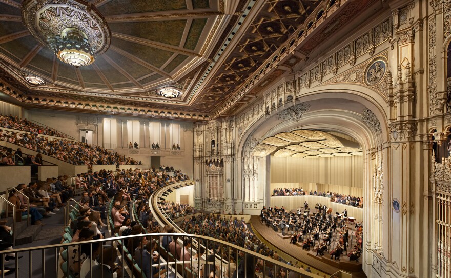 The stage of Copley Symphony Hall is shown looking from the balcony in this undated computer rendering.