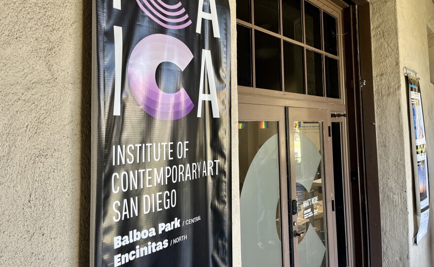 A banner for the the Institute of Contemporary Art San Diego hangs next to its Balboa Park campus front entrance, Sept. 2, 2026.