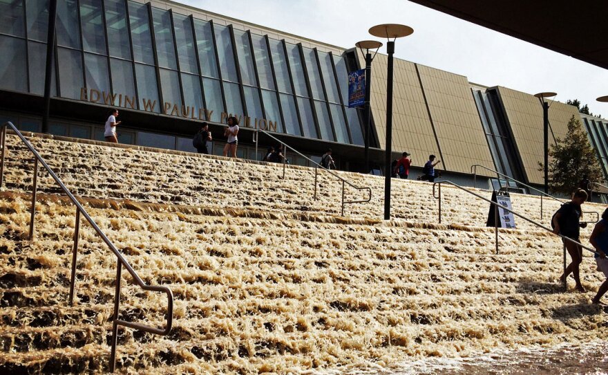 Water cascades down a stairway to a parking structure adjacent to Pauley Pavlion, home of UCLA basketball.