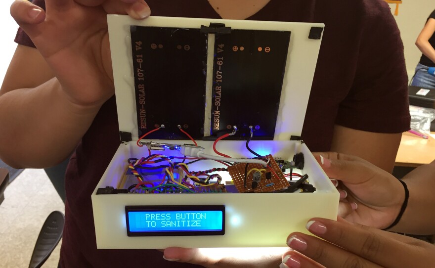A DIYgirls team from San Fernando Senior High School created a device that uses solar power to sanitize a tent using antibacterial UV lights.