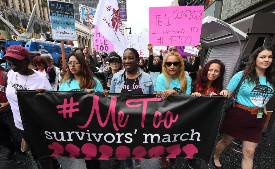 Women who are survivors of sexual harassment, sexual assault, sexual abuse and their supporters protest during a #MeToo march in Hollywood, Calif., on Nov. 12, 2017. Moira Donegan revealed herself as the creator of an anonymously sourced list of men who work in media accused of sexual misconduct.