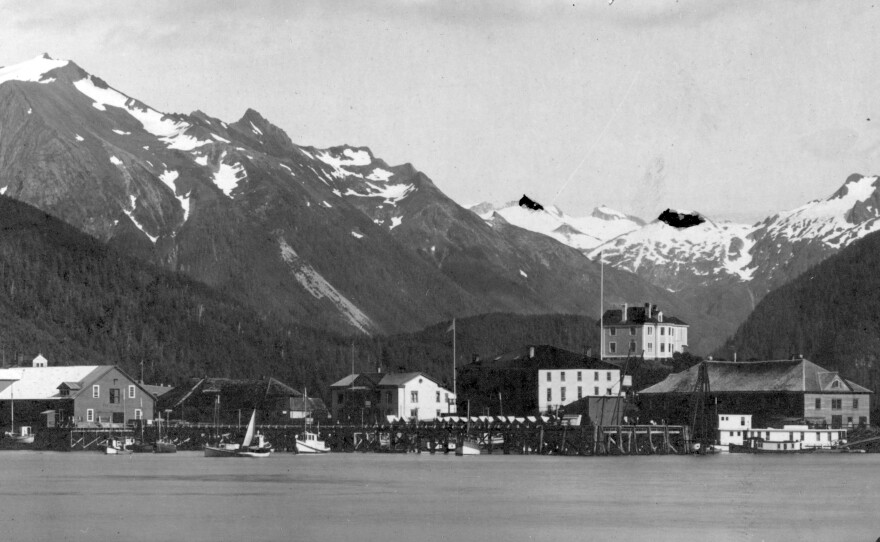 A view of Sitka Indian Village from across Sitka Harbor, circa 1900-1930.