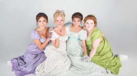 Publicity photo of the key cast members of The Old Globe Theatre's "Regency Girls:" Krystina Alabado, Kate Rockwell, Isabelle McCalla, and Ryann Redmond. (2025)