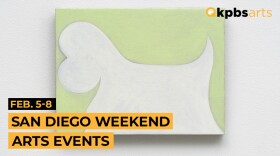 A pale green canvas with a simple white abstract shape is shown. Text overlay reads "KPBS/arts, Feb. 5-8, San Diego weekend arts events."