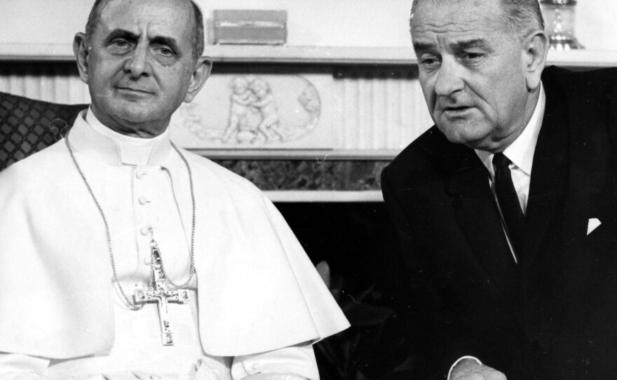 President Lyndon Johnson met with Pope Paul VI, the first pope to visit America, in New York City in 1965.