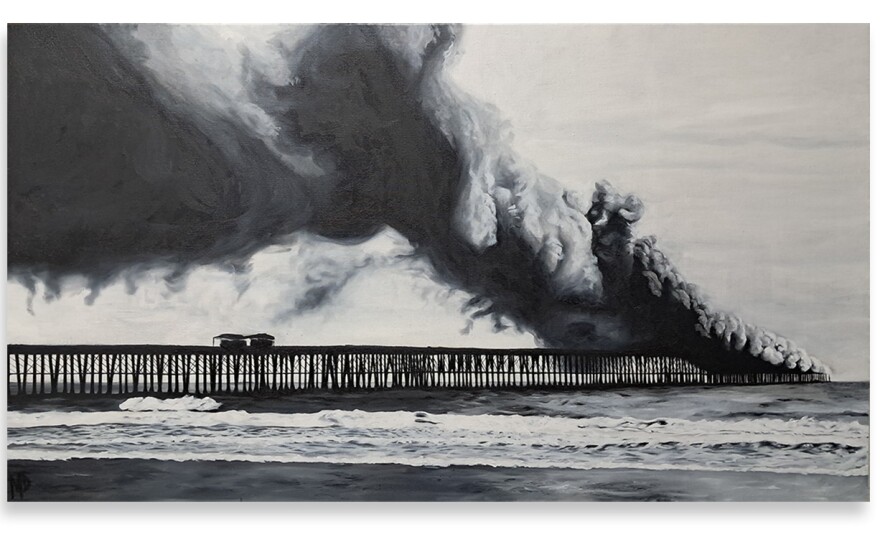 "She's Not There (after Andrés Ximenez)" by artist Marisa DeLuca uses oil paint and pyrolized remains of Oceanside's pier. It's part of 'What Goes Up Must Come Down," opening Dec. 14, 2024 at The Hill Street Country Club.