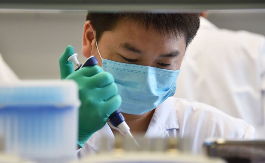 A technician works in a lab at GeseDNA Technology in Beijing. To counter China, the U.S. plans to impose new export restrictions on "emerging and foundational technology" that researchers say could affect the way they share genetic materials with international labs.