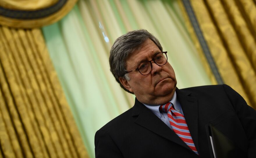 Attorney General William Barr, pictured in the Oval Office on May 28, is holding a press conference on Thursday with other Justice Department leaders.