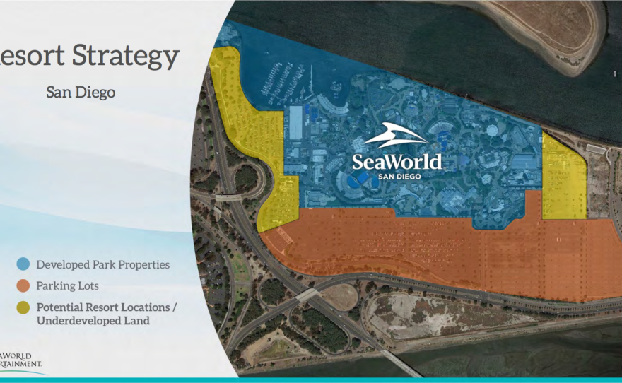 This slide from SeaWorld's Investor Relations presentation shows possible locations for a hotel near the park.