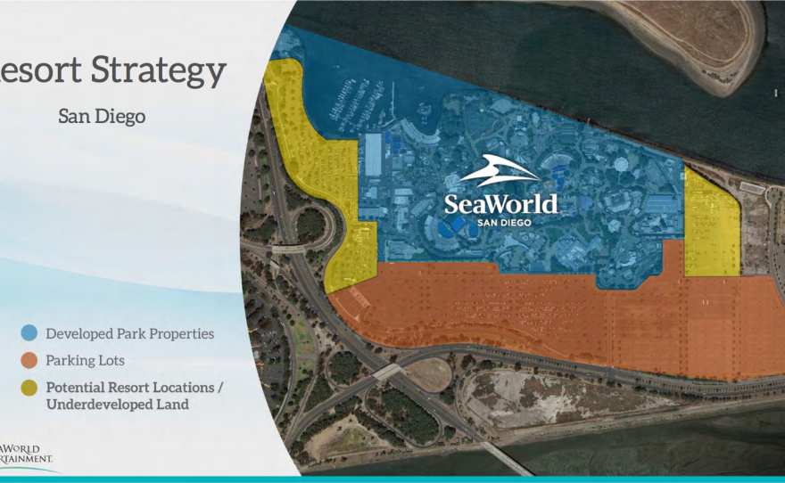 This slide from SeaWorld's Investor Relations presentation shows possible locations for a hotel near the park. 